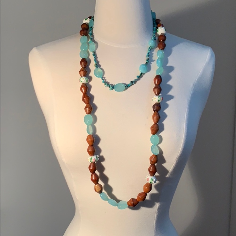 Turquoise Glass Wood and Hand Painted Bead necklace - Picture 1 of 5
